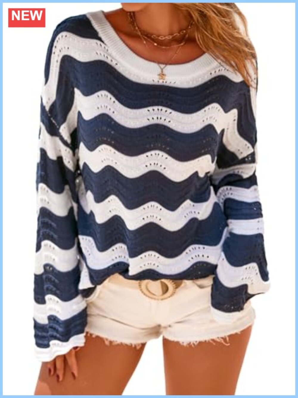 Women's Linen Blend Oversized Crochet Bell Sleeve Stripe Beach Vacation Top